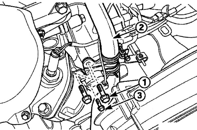 Расположение болтов (1), нижнего шланга радиатора (2) и болта (3) крепления датчика положения коленчатого вала