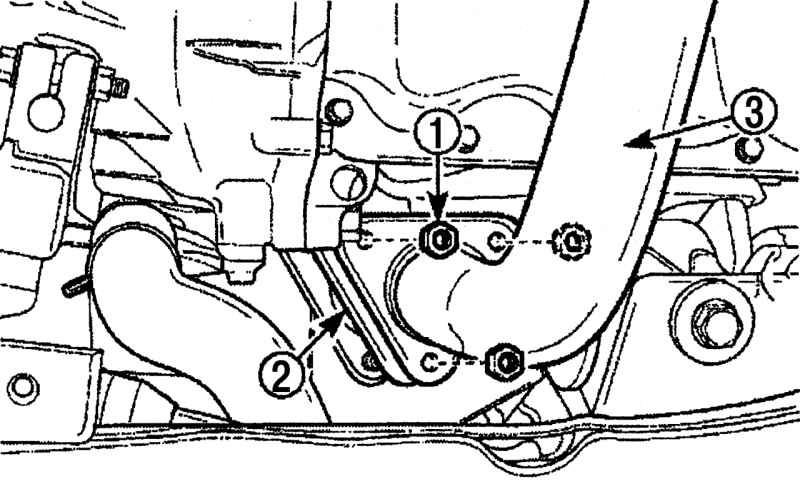Расположение гаек (1) крепления приемной выхлопной трубы (3) и прокладки (2) к выпускному коллектору