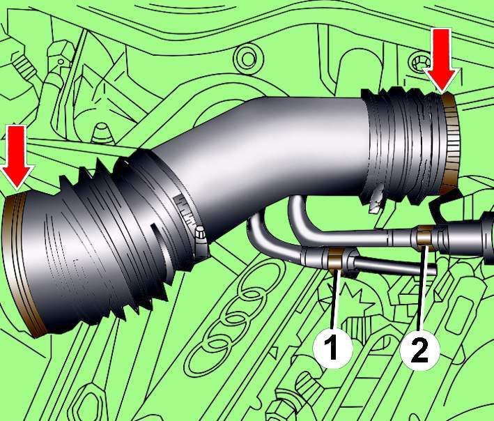 Расположение хомутов крепления воздушного патрубка расходомера воздуха и всасывающего трубопровода