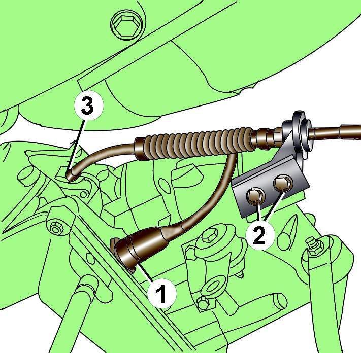 Расположение 8-контактного электрического разъема (1), болтов (2) крепления кронштейна и болта (3) крепления троса селектора к автоматической коробке передач