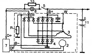 Схема генератора автомобиля с возбуждением через лампу